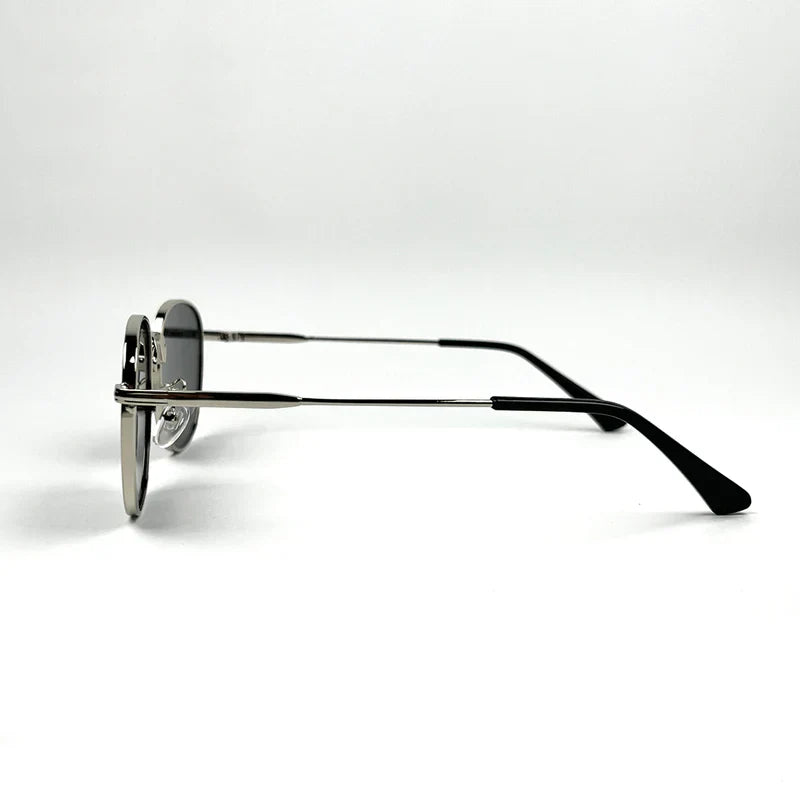 Men Round Sunglasses Silver Frame with Black UV400 Lenses